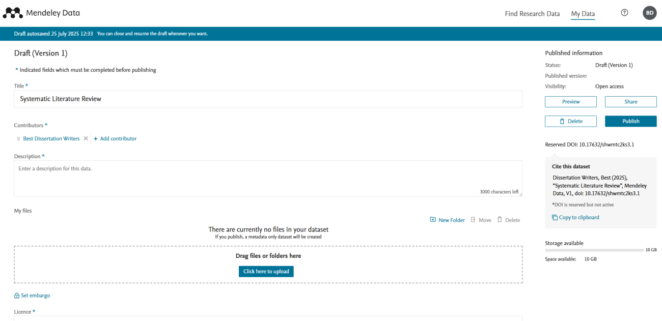 Mendeley Data Home screen